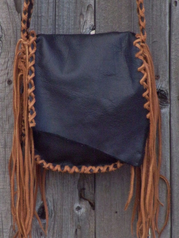 Black leather bag with fringe . Black leather crossbody bag , Possibles bag