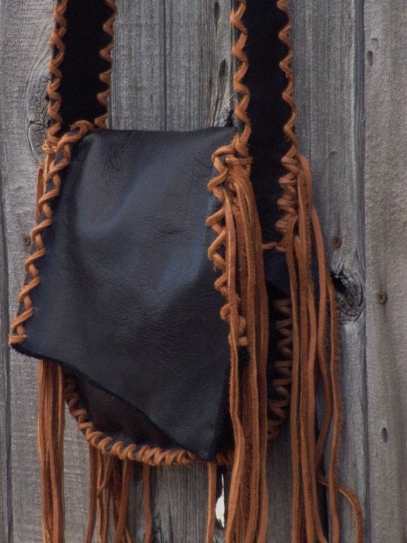 Black leather bag with fringe . Black leather crossbody bag , Possibles bag