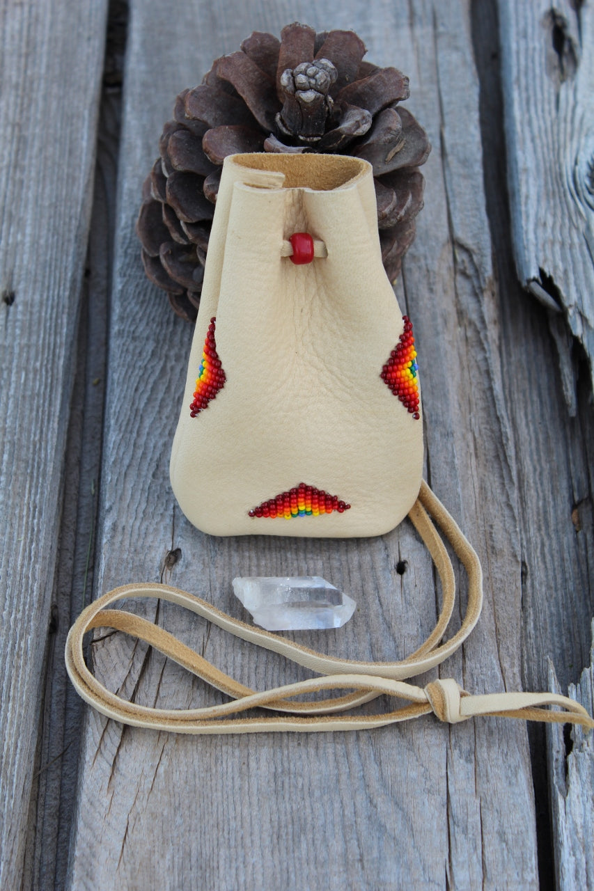 Beaded medicine bag, buckskin leather pouch