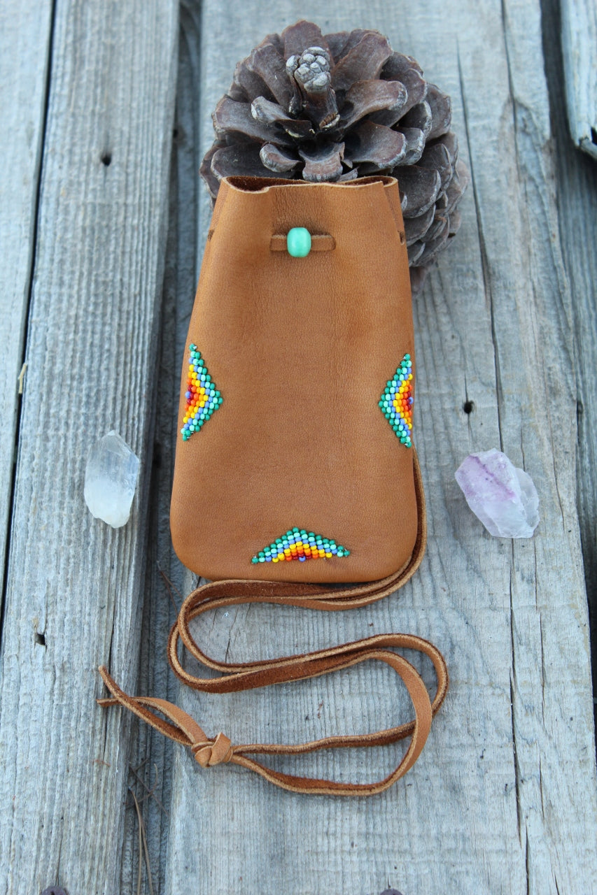 Beaded buckskin medicine bag, leather pouch