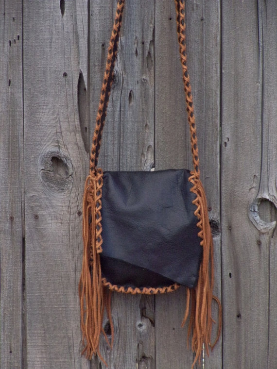 Black Leather Bag with Fringes