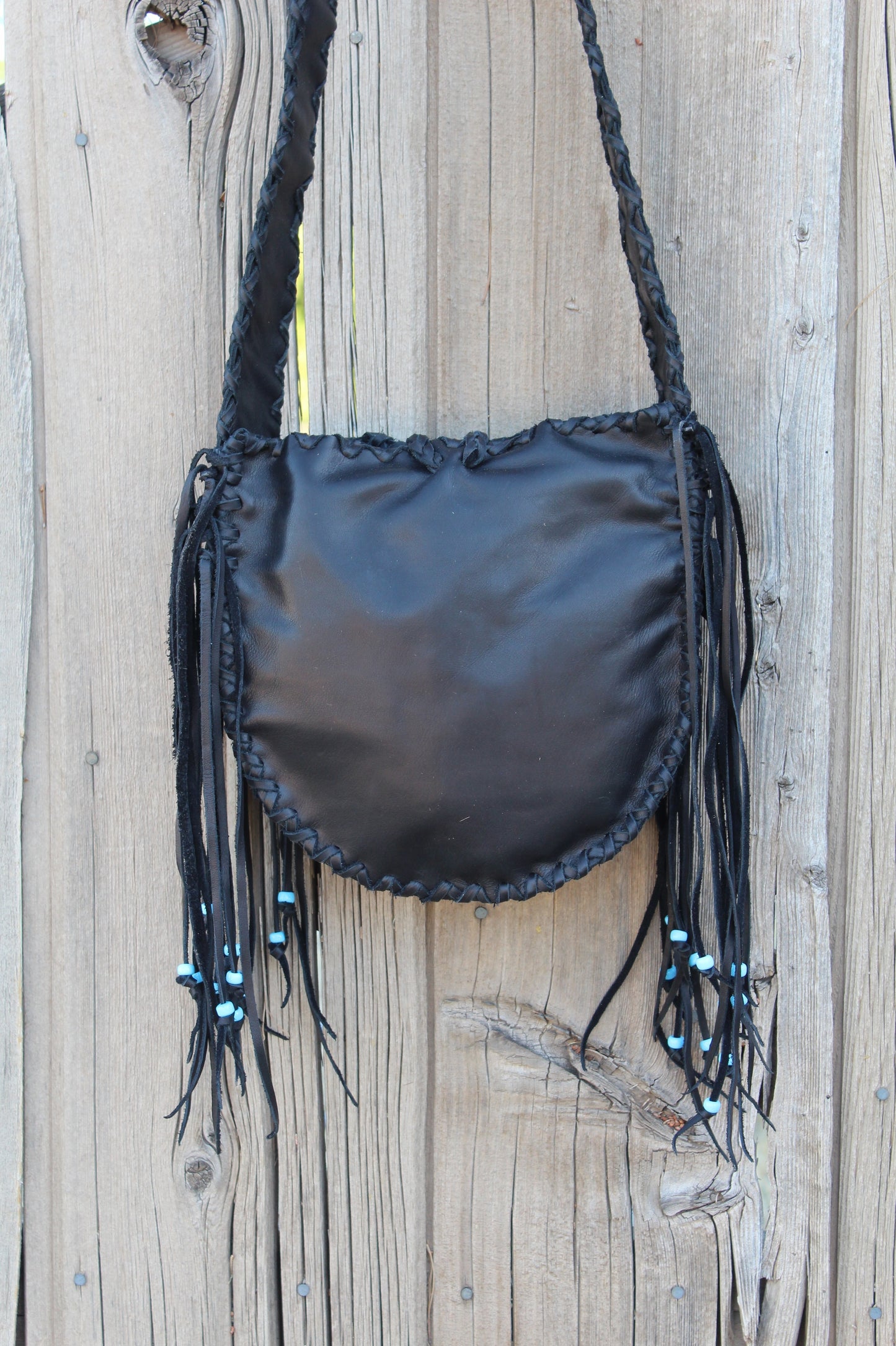 Black leather tote, beaded Thunderbird tote handbag
