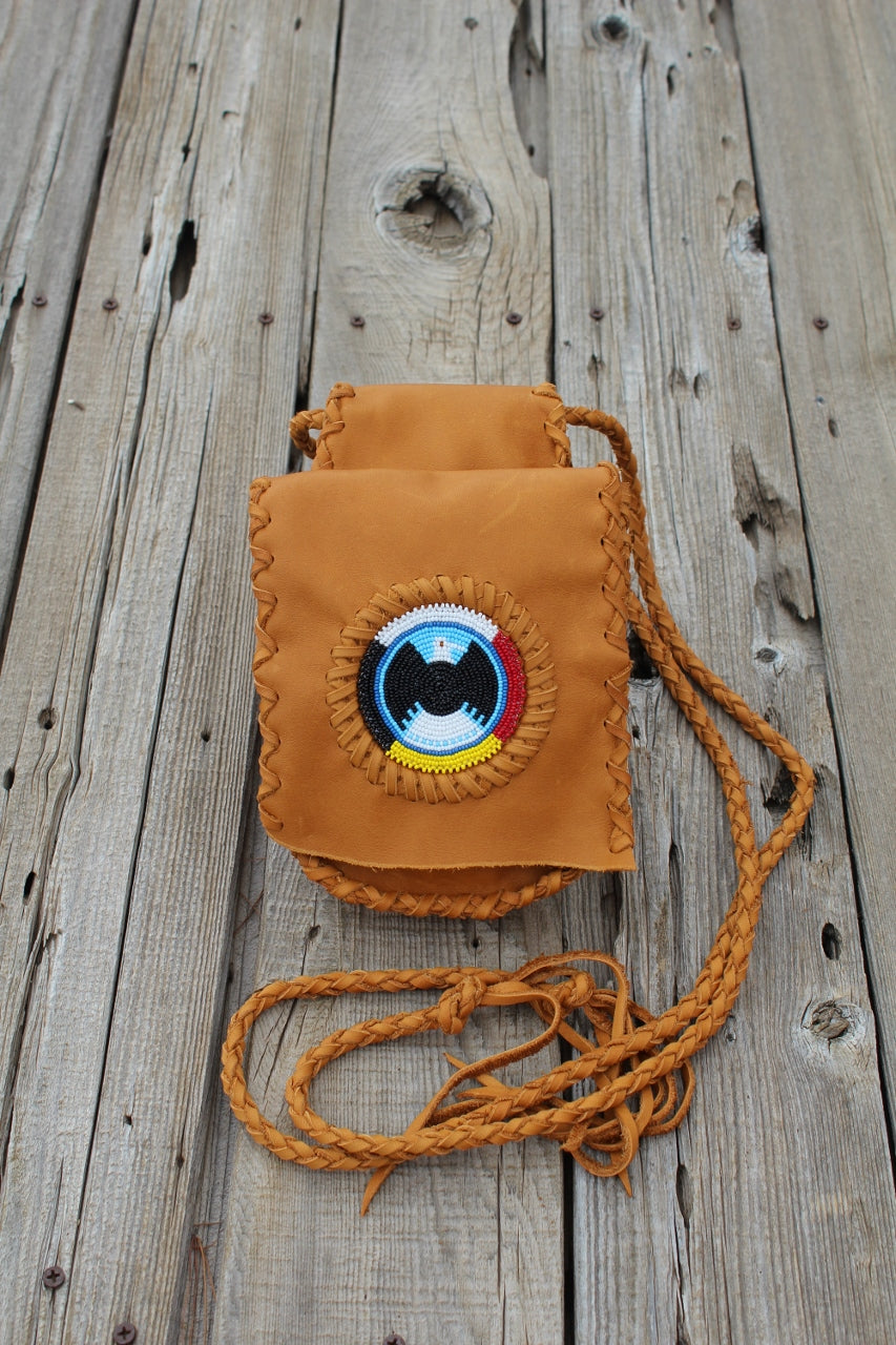 Leather hip bag with beaded eagle rosette, belt bag
