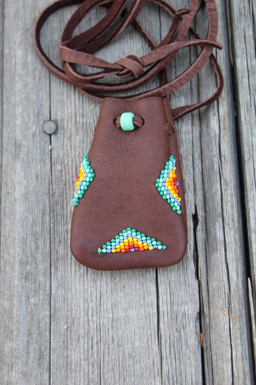 Beaded brown amulet bag, beaded medicine bag