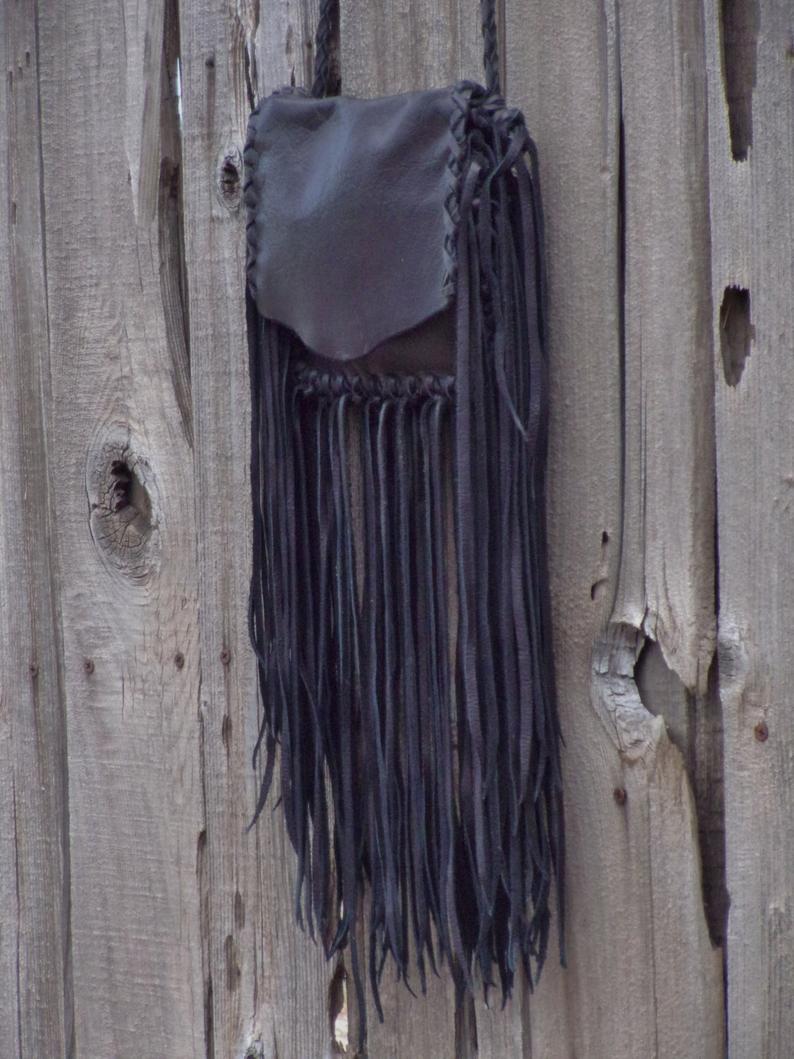 Black leather fringed handbag , bohemian style purse