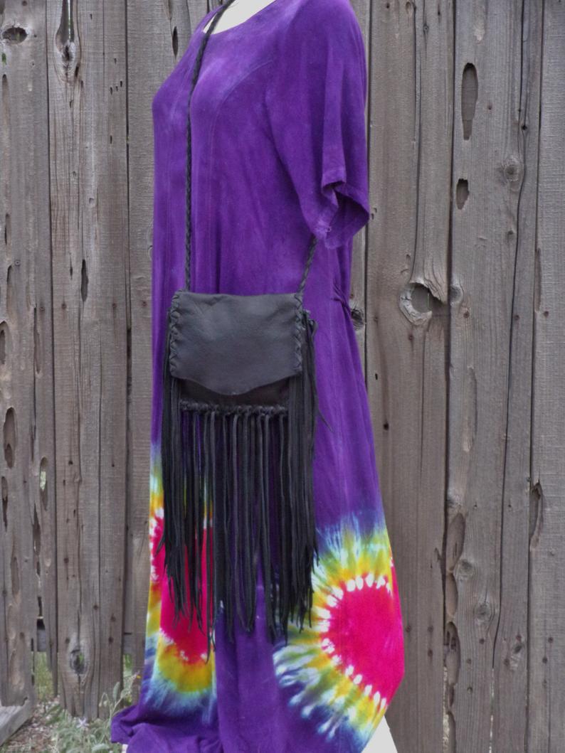 Black leather fringed handbag , bohemian style purse