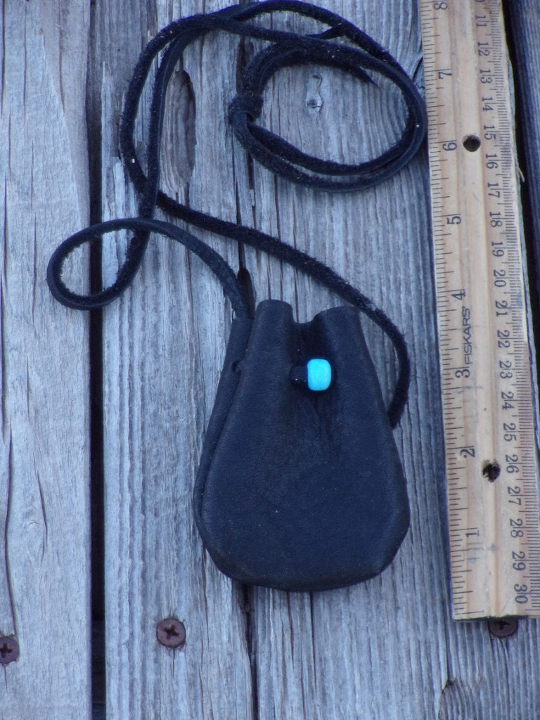 Black amulet bag, buckskin medicine pouch, crystal pouch, necklace bag