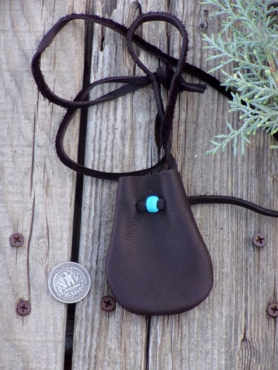 Brown medicine bag, leather necklace bag