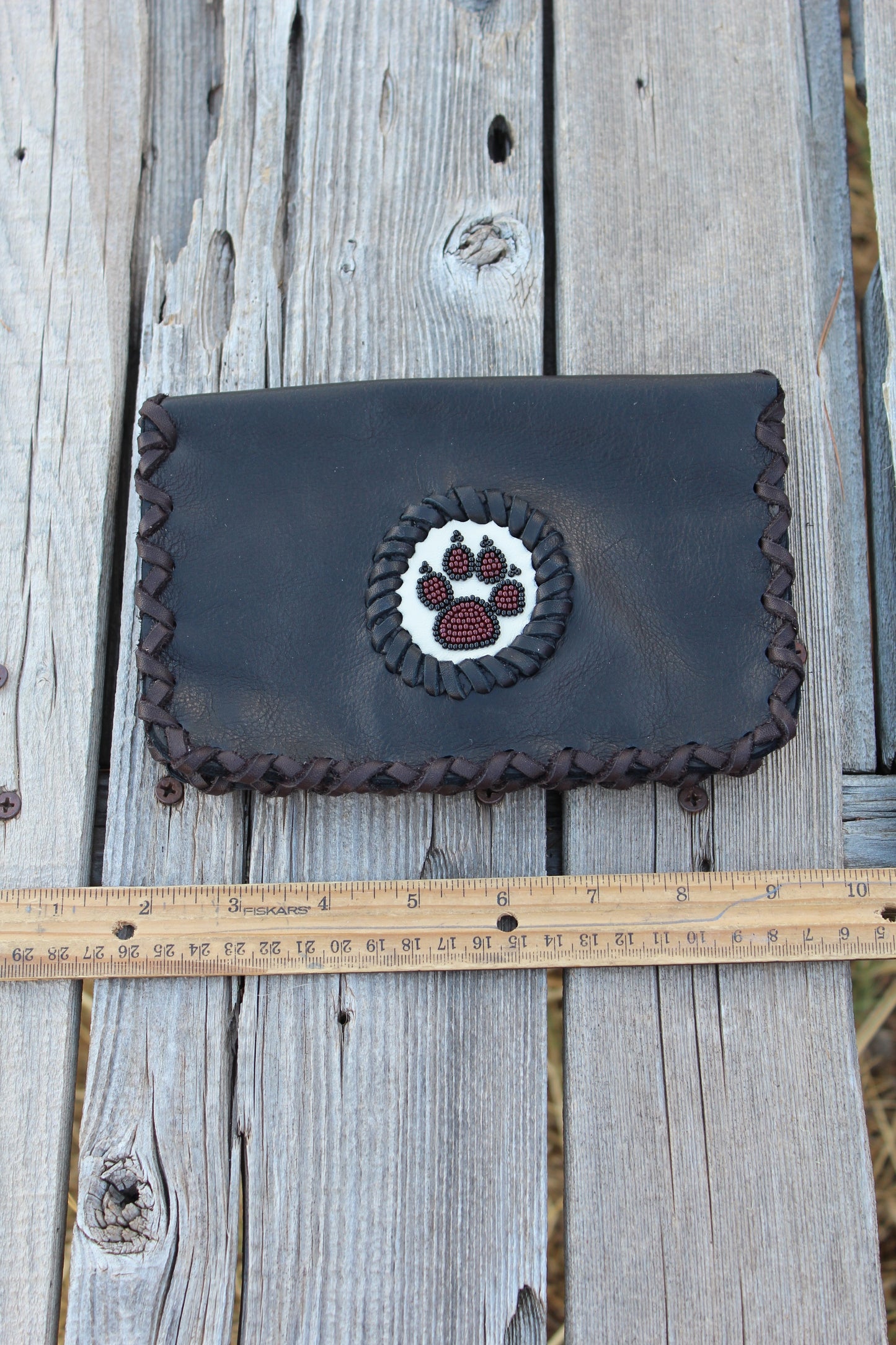 Leather phone case, beaded wolf paw phone case