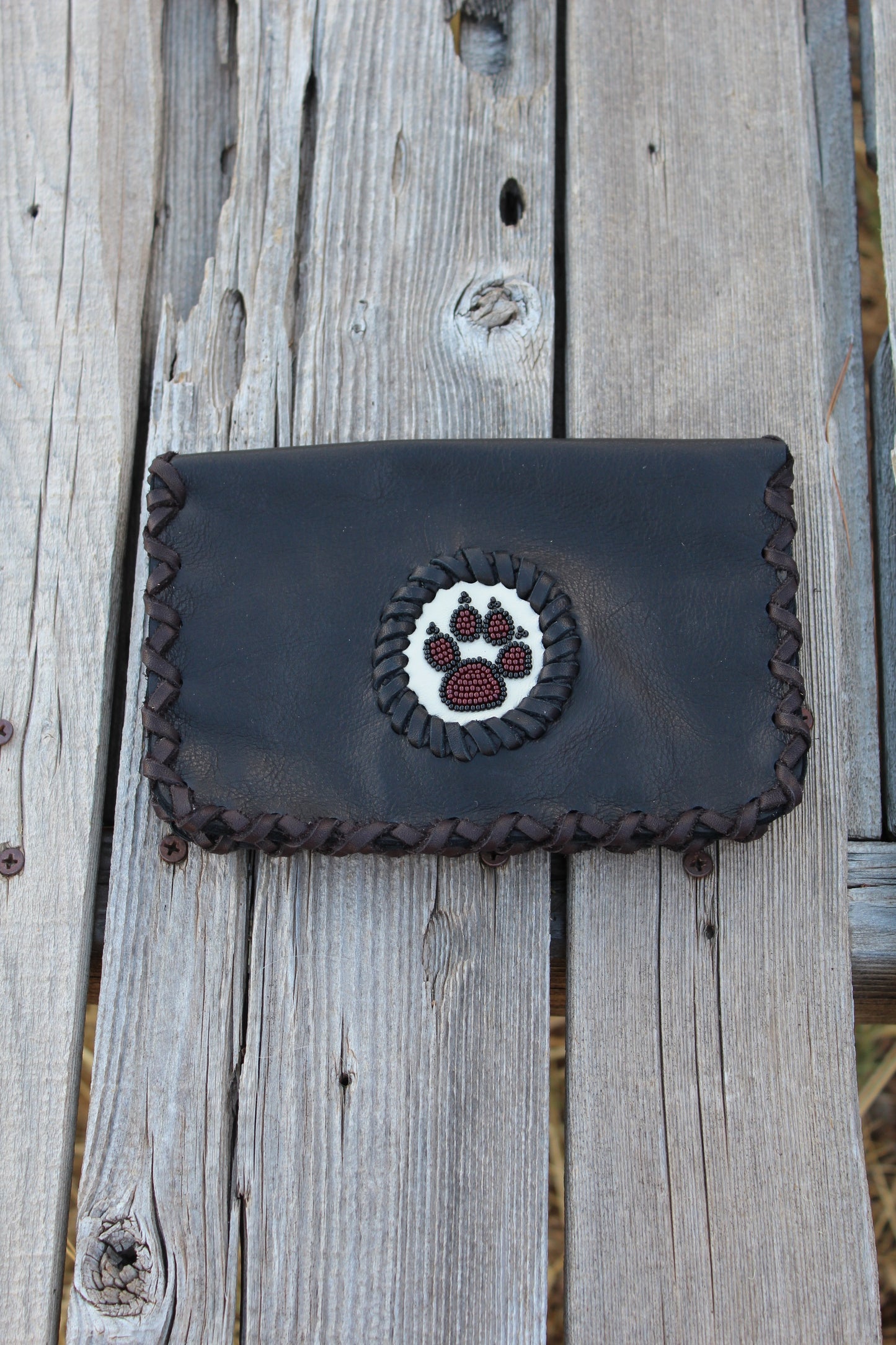Leather phone case, beaded wolf paw phone case