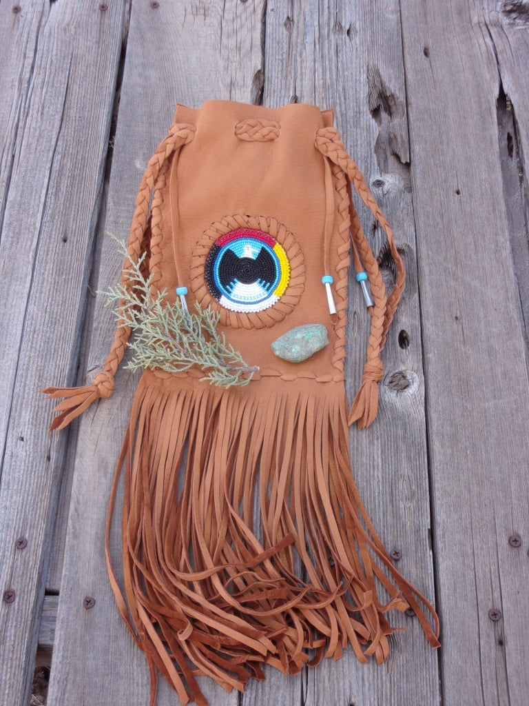 Fringed medicine bag , cedar bag , beaded eagle, 4 directions medicine wheel , made to order