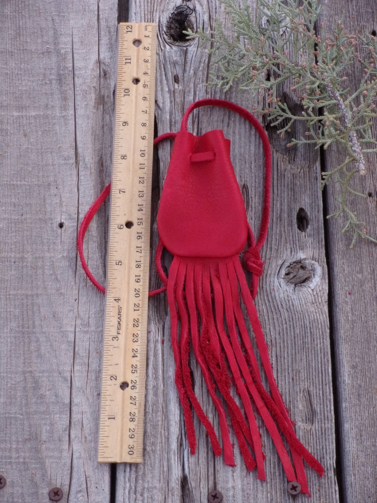 Red leather crystal bag , Fringed leather medicine bag , Leather neck pouch