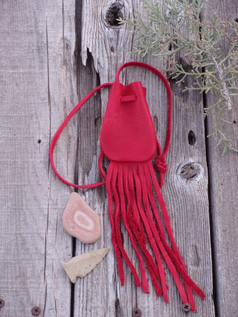 Red leather crystal bag , Fringed leather medicine bag , Leather neck pouch