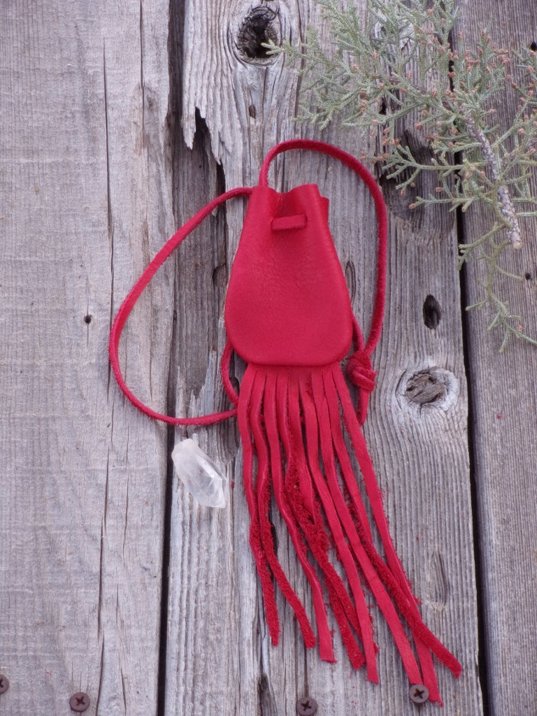 Red leather crystal bag , Fringed leather medicine bag , Leather neck pouch