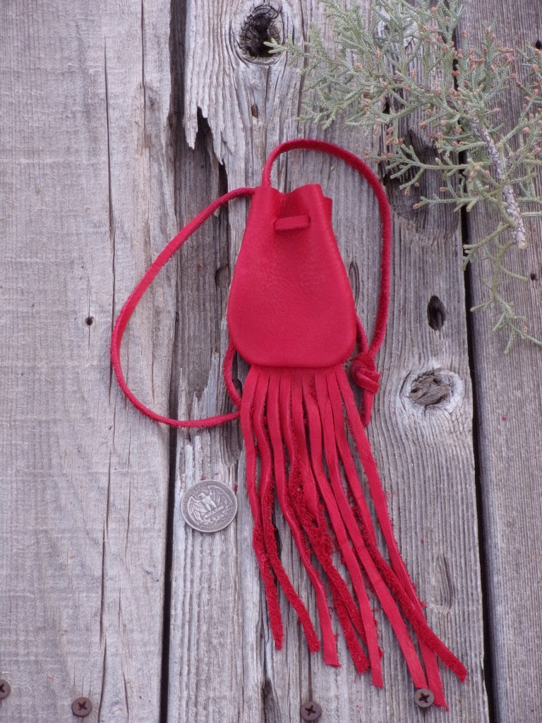 Red leather crystal bag , Fringed leather medicine bag , Leather neck pouch