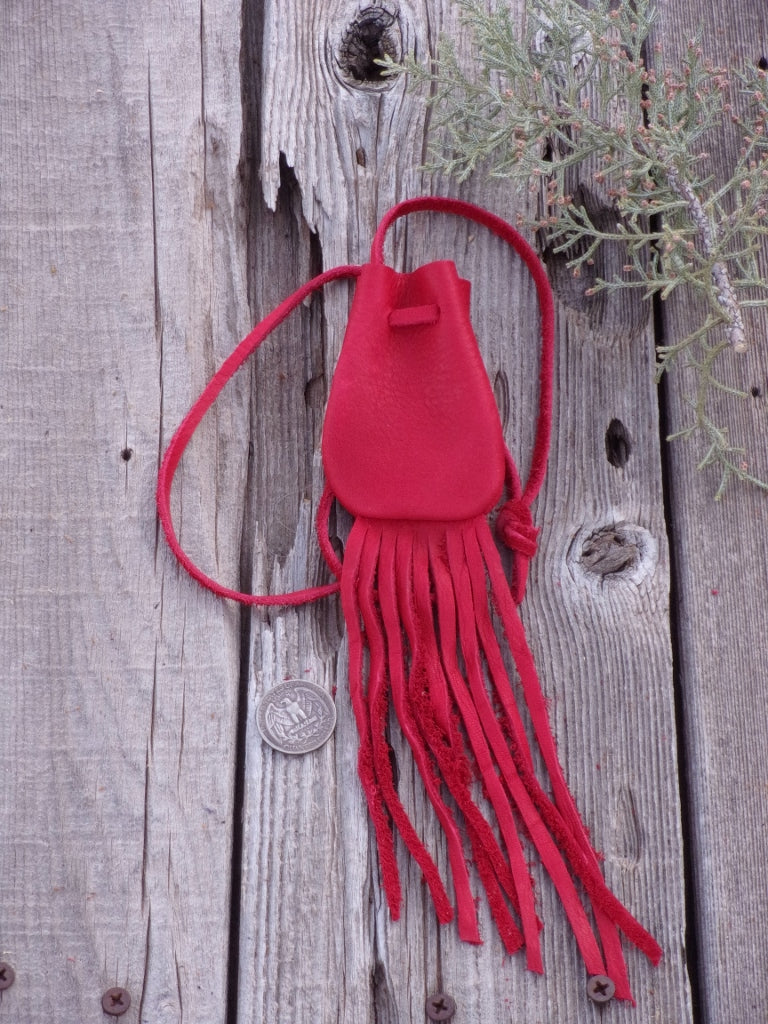 Red leather crystal bag ,  Fringed leather medicine bag , Leather neck pouch