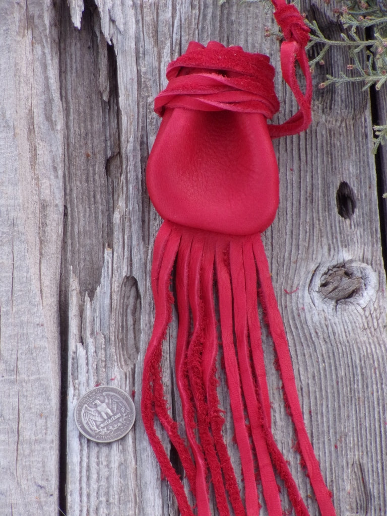 Red leather crystal bag , Fringed leather medicine bag , Leather neck pouch