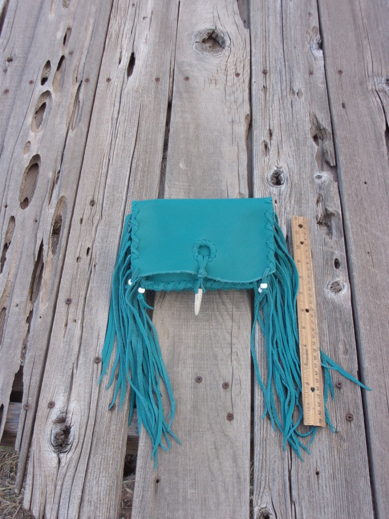 Fringed leather clutch, turquoise leather clutch, leather handbag