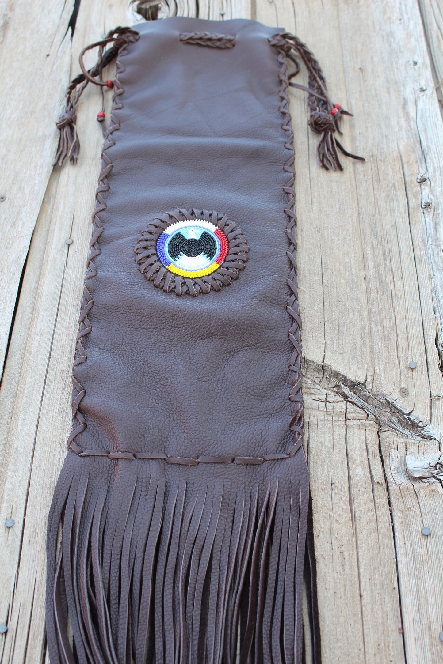 Buffalo leather pipe bag set, chanupa bag set, beaded pipe bag