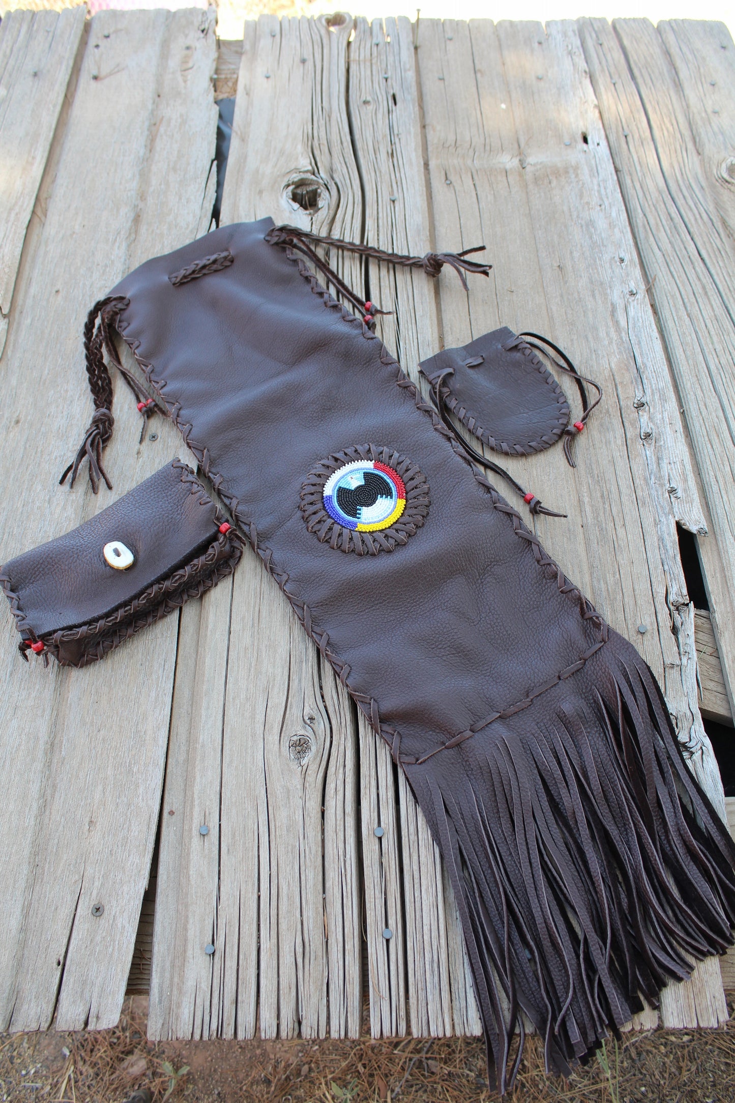 Buffalo leather pipe bag set, chanupa bag set, beaded pipe bag