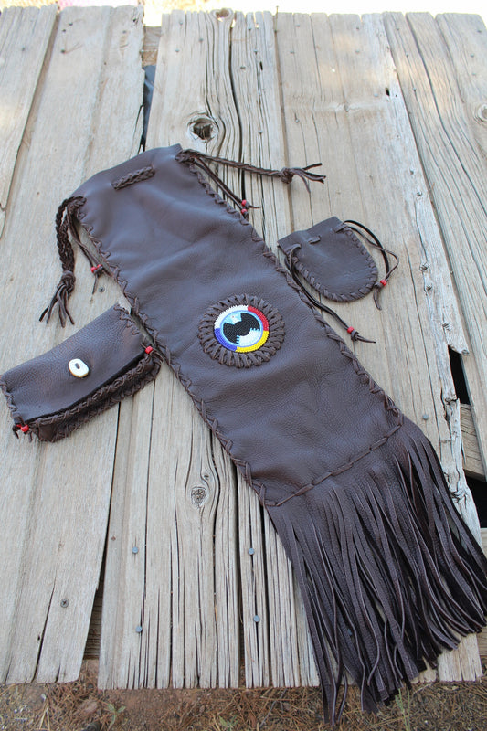 Buffalo leather pipe bag set, chanupa bag set, beaded pipe bag