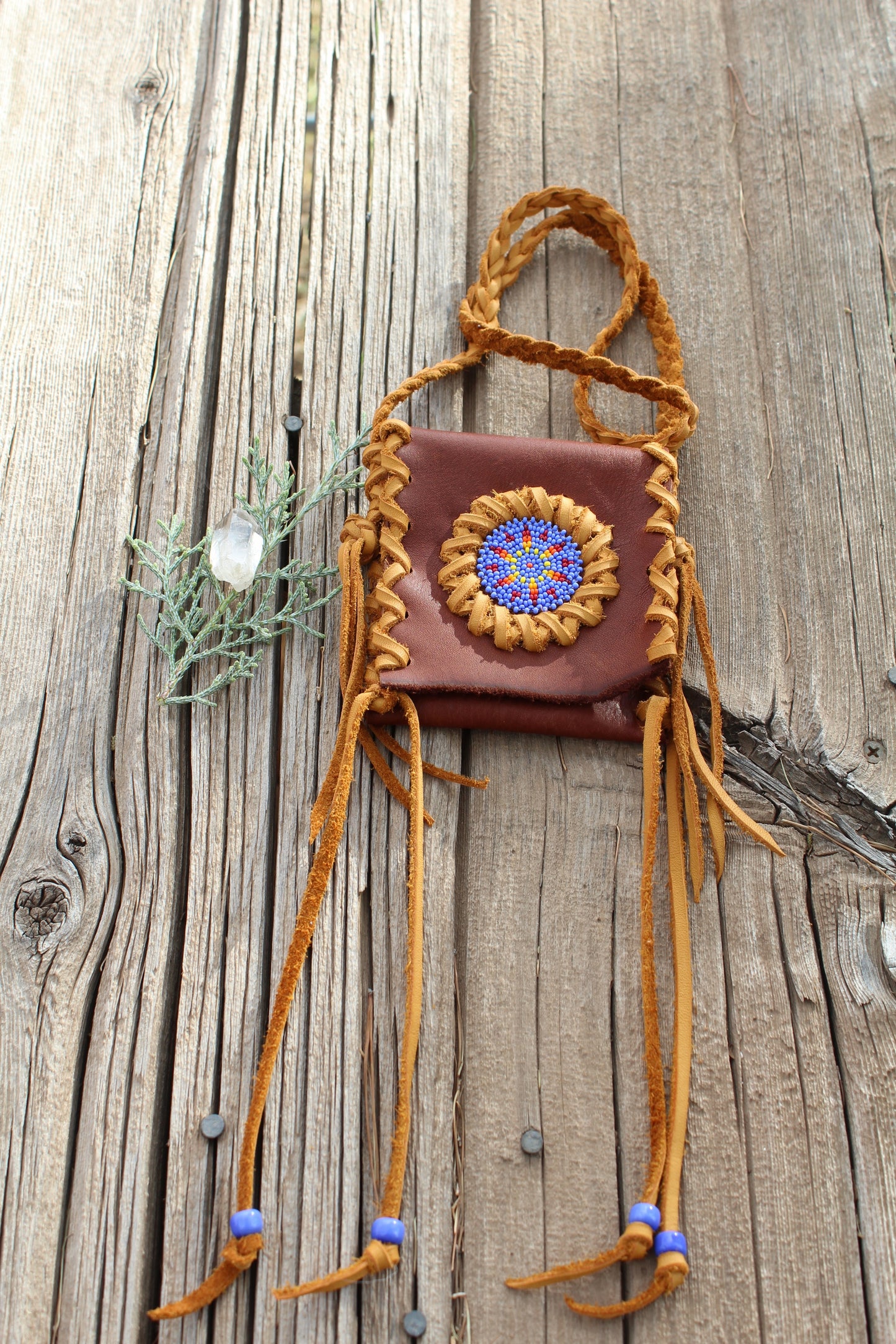 Beaded medicine bag , leather amulet bag