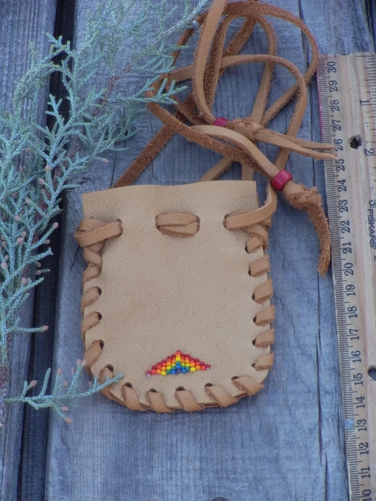 Leather bag, beaded rainbow pouch, drawstring bag