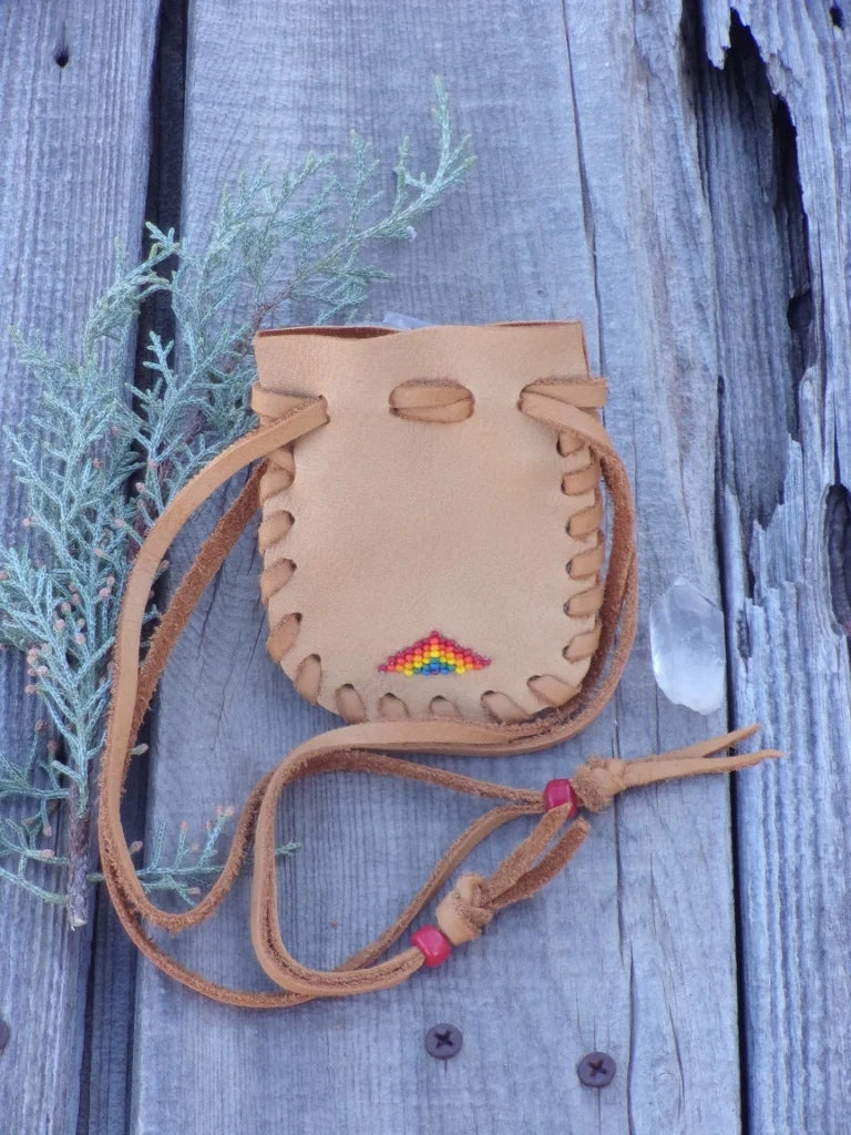 Leather bag, beaded rainbow pouch, drawstring bag