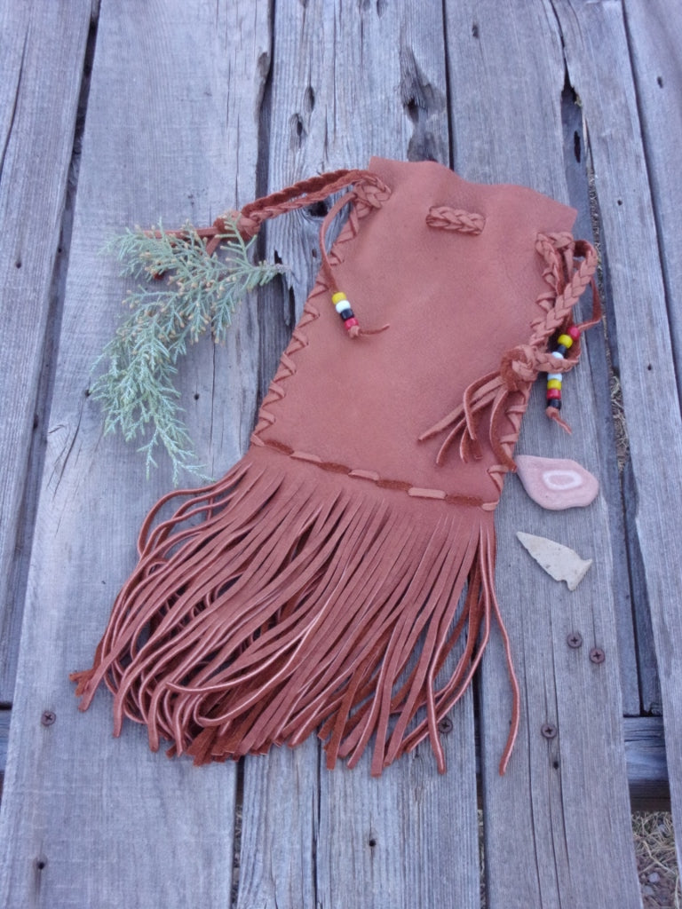 Fringed cedar bag , Drawstring leather pouch , Drawstring leather wrist bag