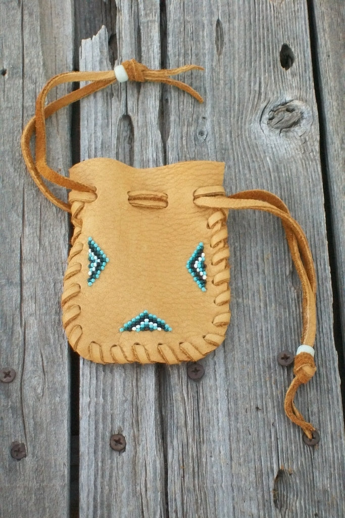 Leather medicine pouch , beaded amulet bag