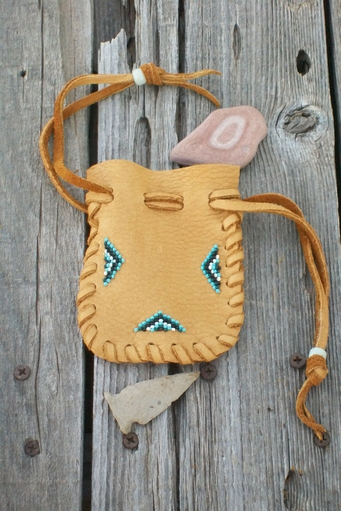 Leather medicine pouch , beaded amulet bag