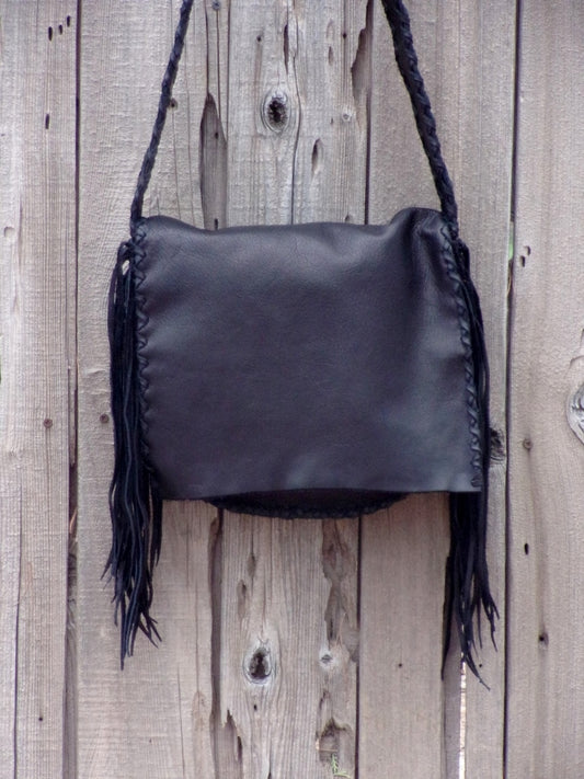 Handmade black leather handbag , Black leather purse with fringe , Boho handbag black