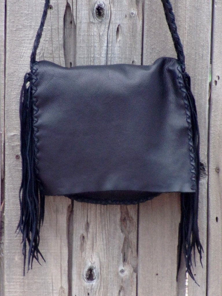 Handmade black leather handbag , Black leather purse with fringe , Boho handbag black