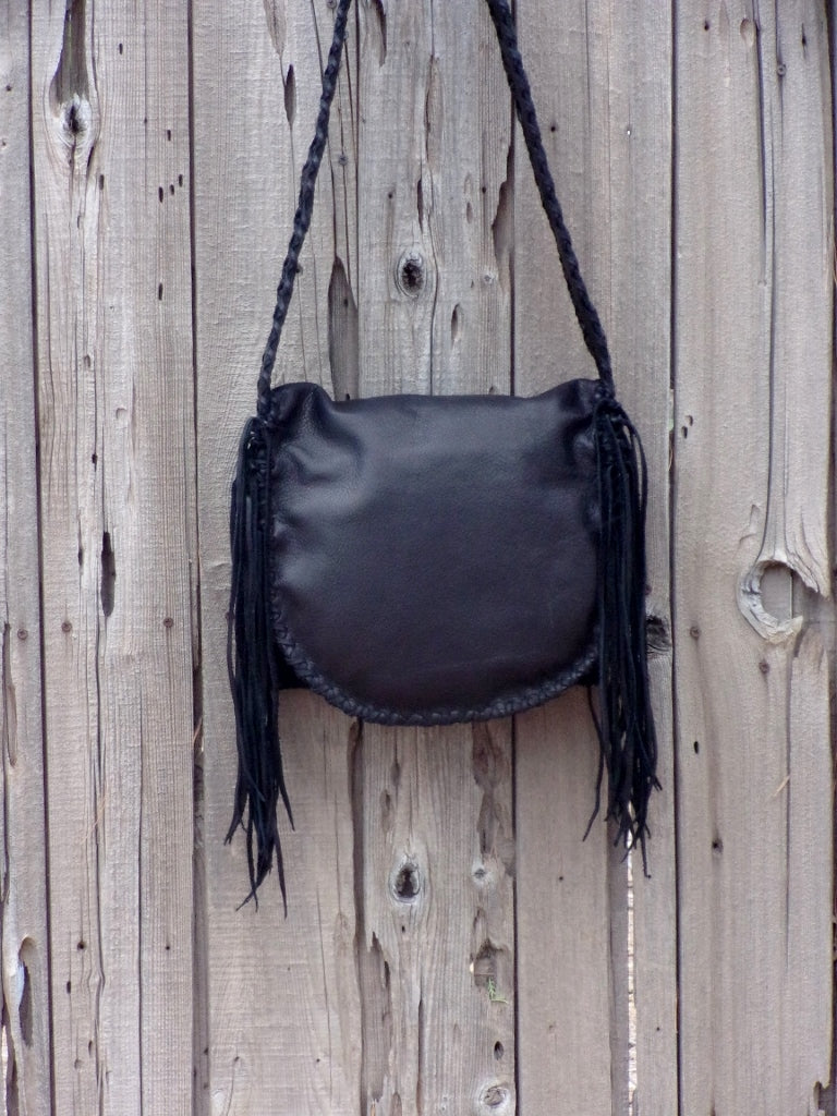 Handmade black leather handbag , Black leather purse with fringe , Boho handbag black