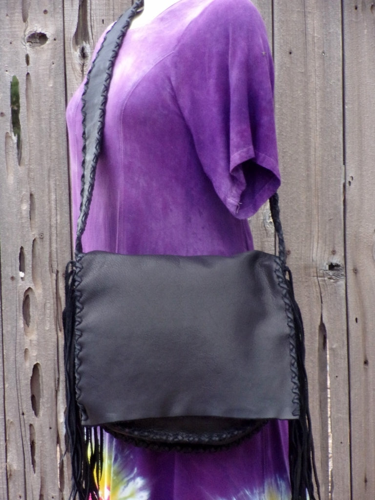 Handmade black leather handbag , Black leather purse with fringe , Boho handbag black