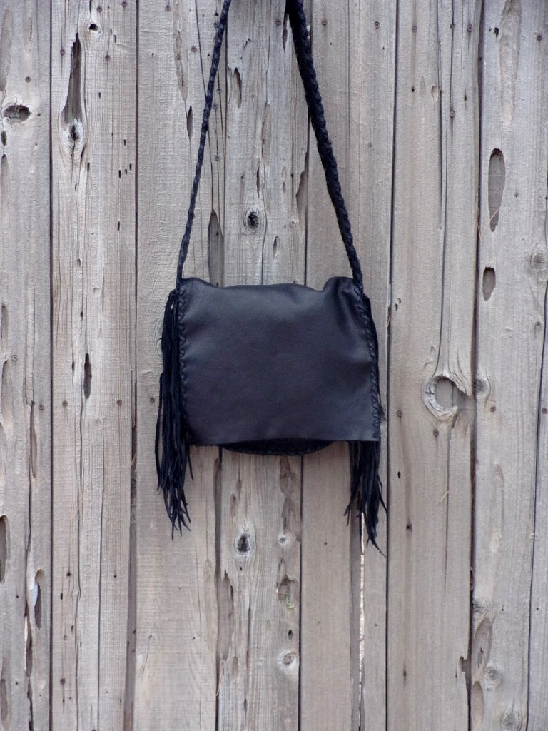 Handmade black leather handbag , Black leather purse with fringe , Boho handbag black