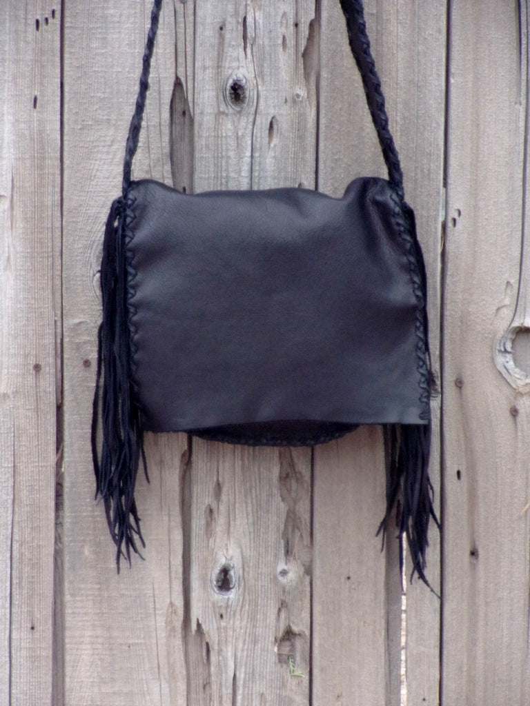 Handmade black leather handbag , Black leather purse with fringe , Boho handbag black