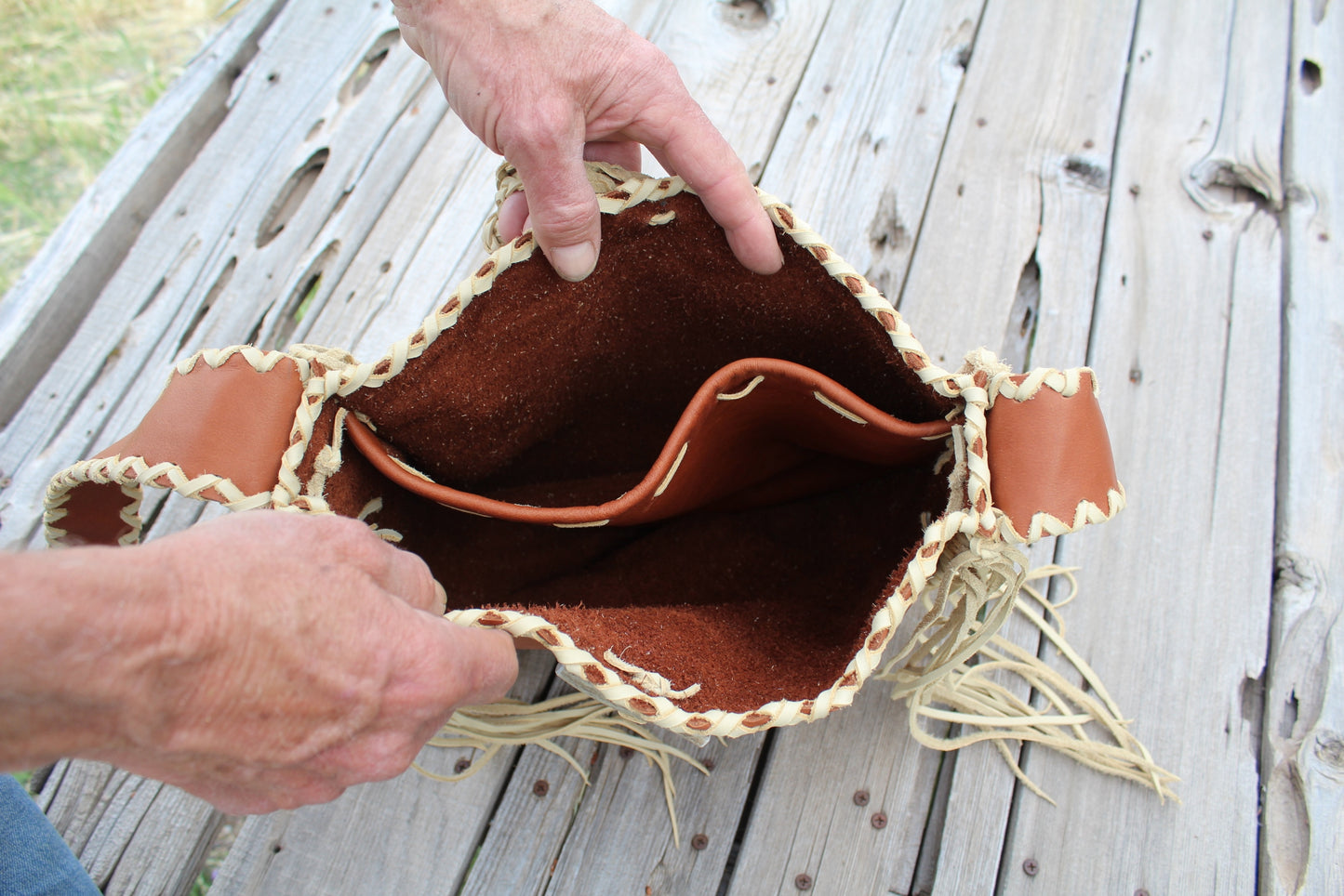 Leather tote, fringed tote handbag