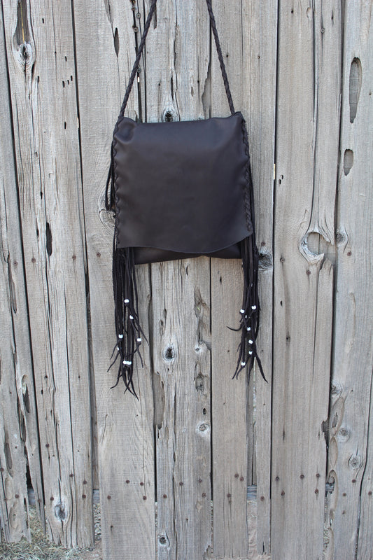Brown leather handbag, fringed boho hippie style crossbody bag