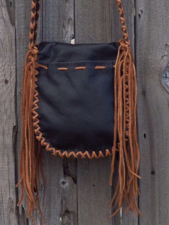 Black leather bag with fringe . Black leather crossbody bag , Possibles bag