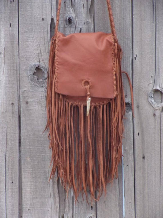 Crossbody shoulder bag with fringe, Fringed leather purse