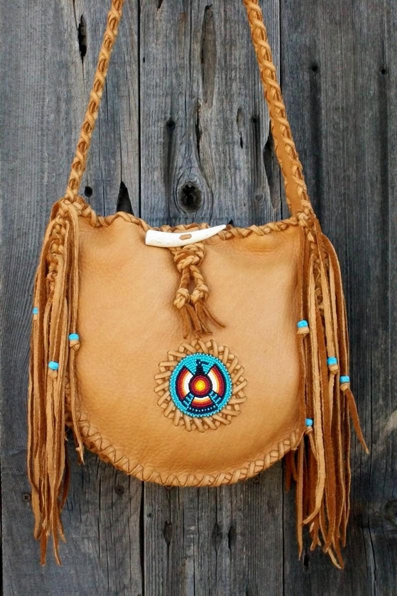 Beaded leather tote, beaded Thunderbird totem handbag