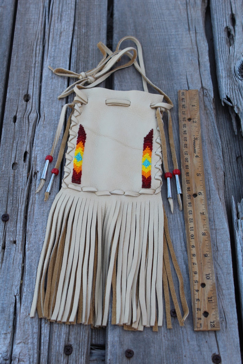 Beaded buckskin medicine bag, fringed leather medicine bag