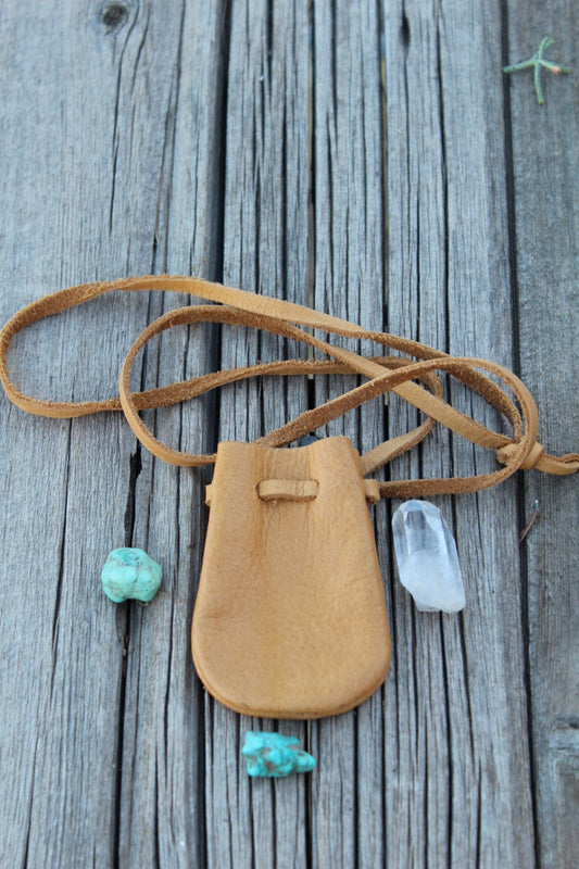 leather necklace bag, medicine bag, crystal pouch