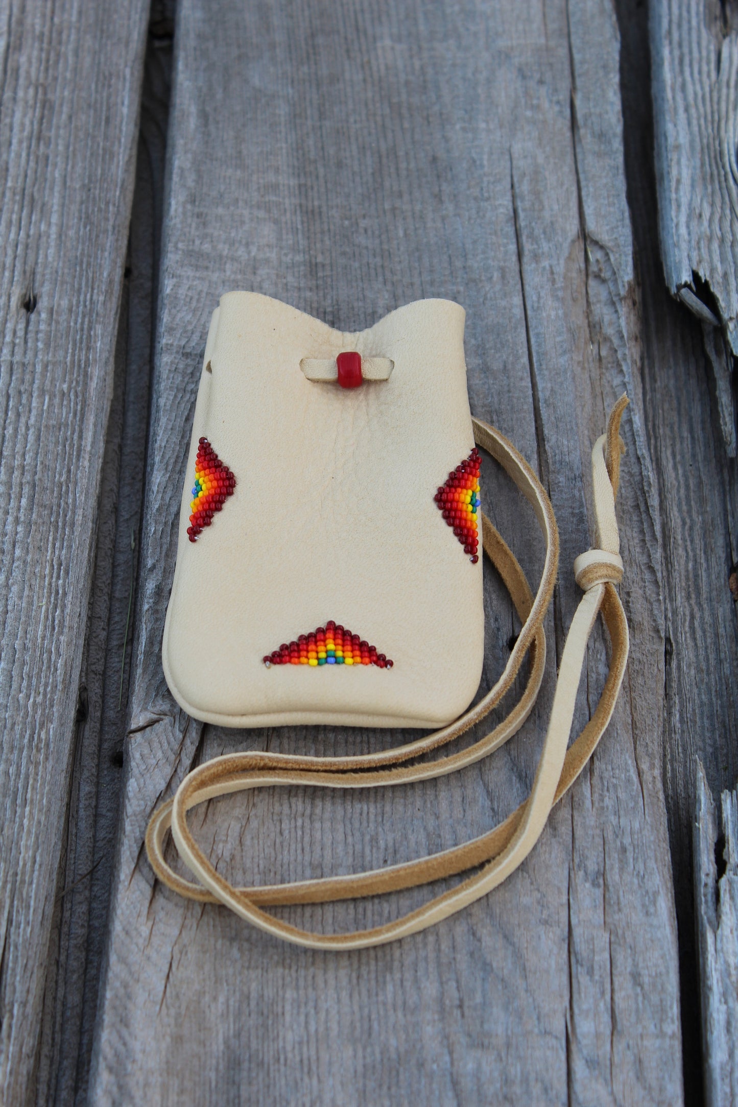 Beaded medicine bag, buckskin leather pouch