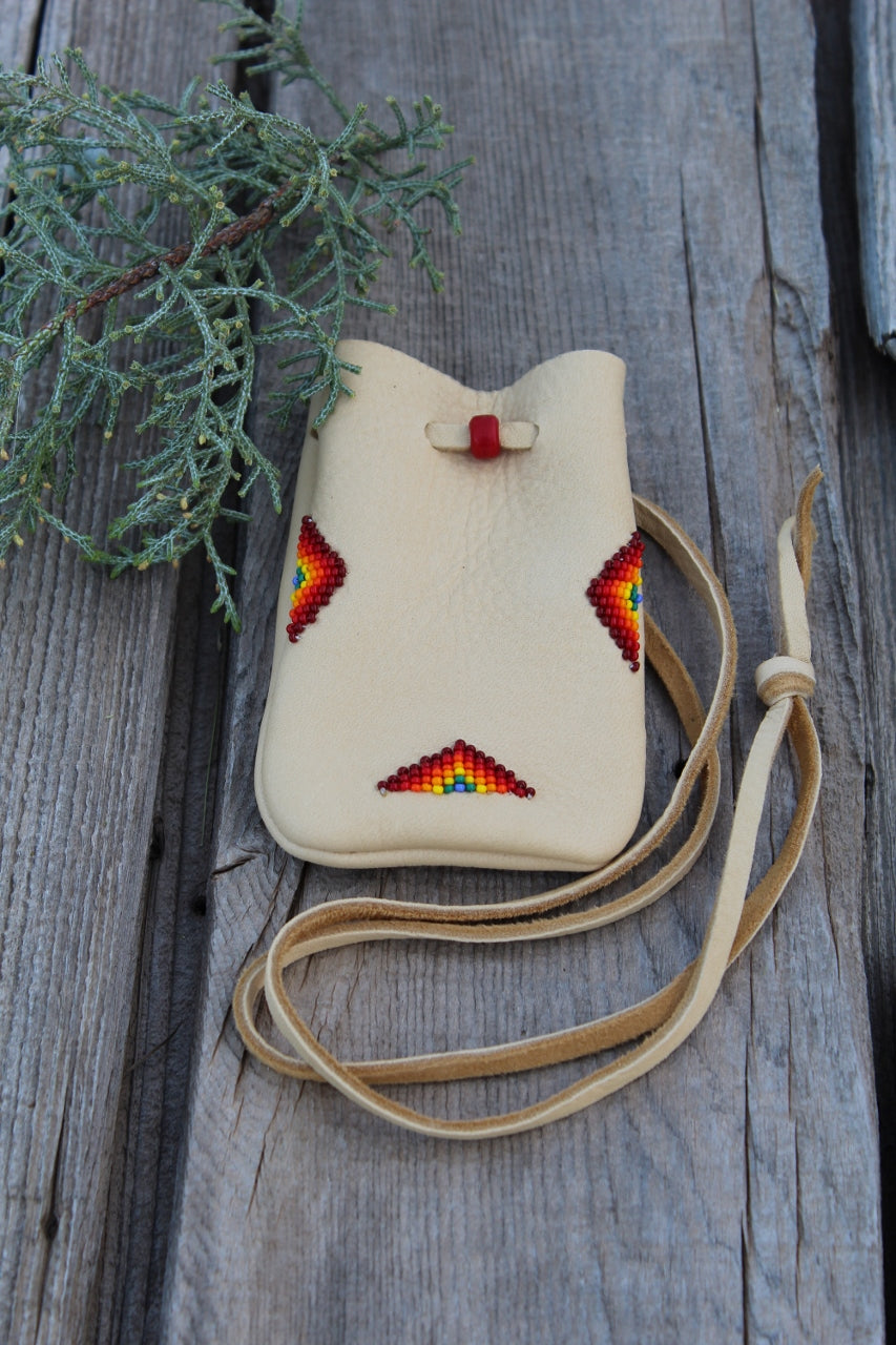 Beaded medicine bag, buckskin leather pouch