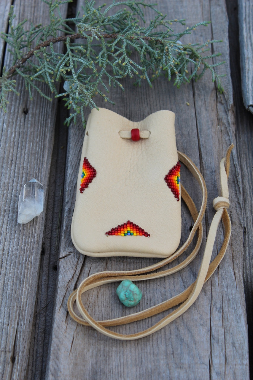 Beaded medicine bag, buckskin leather pouch