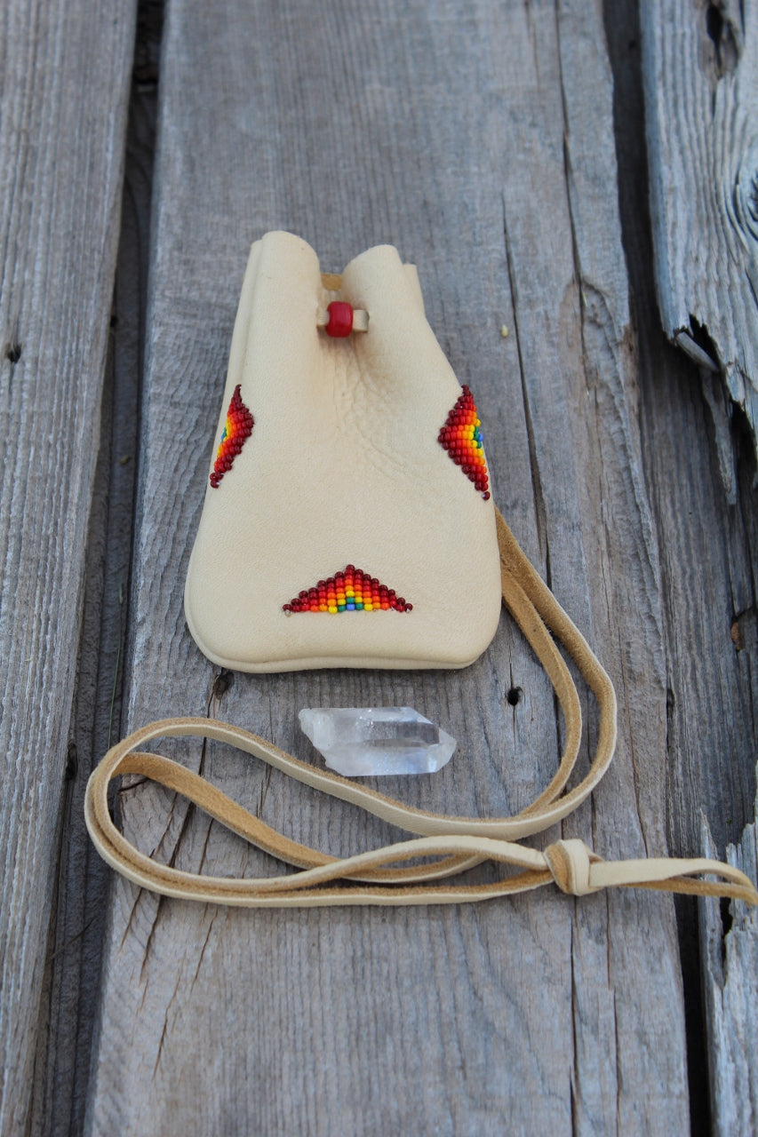 Beaded medicine bag, buckskin leather pouch