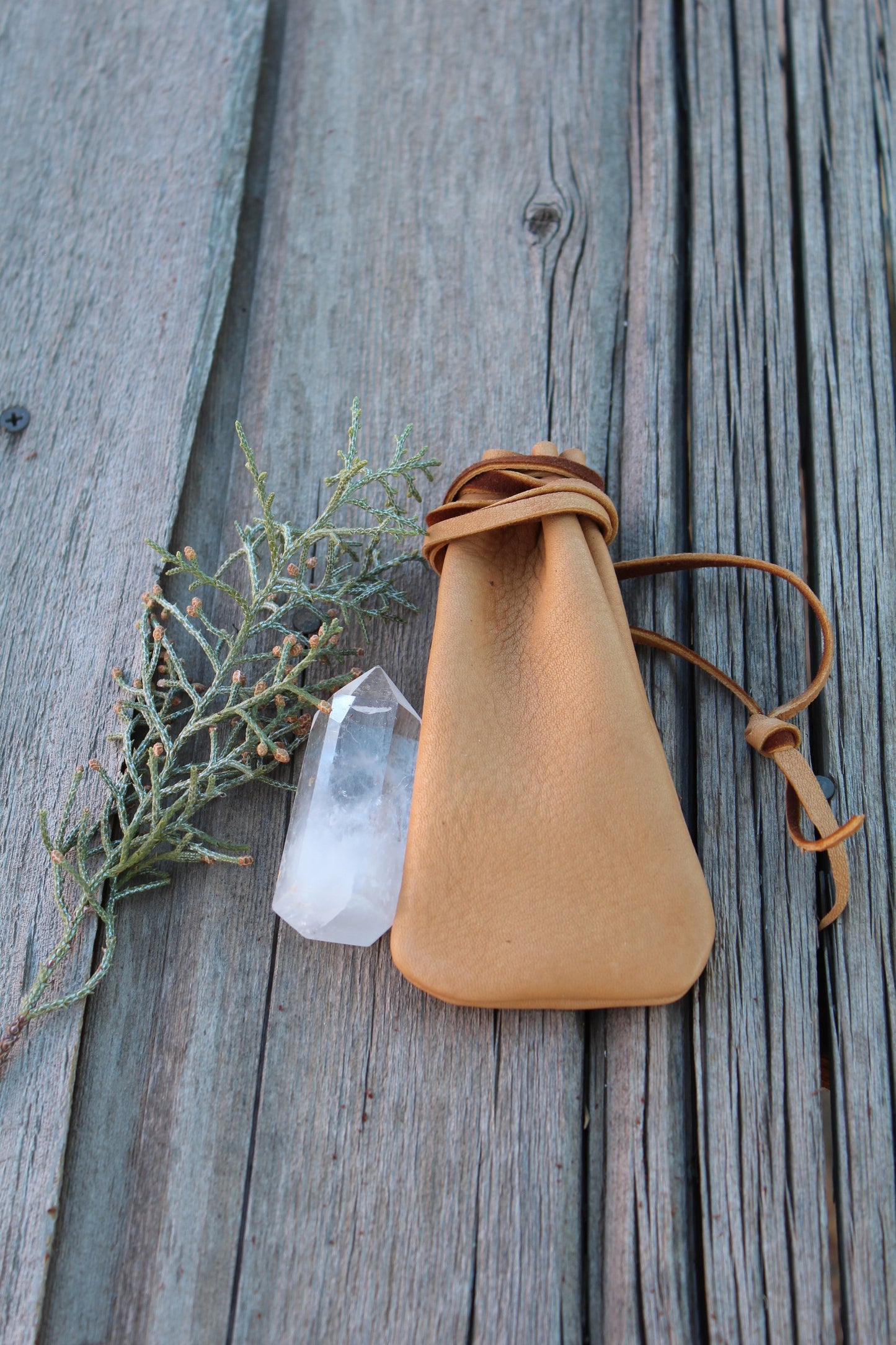 Long buckskin medicine bag, crystal bag