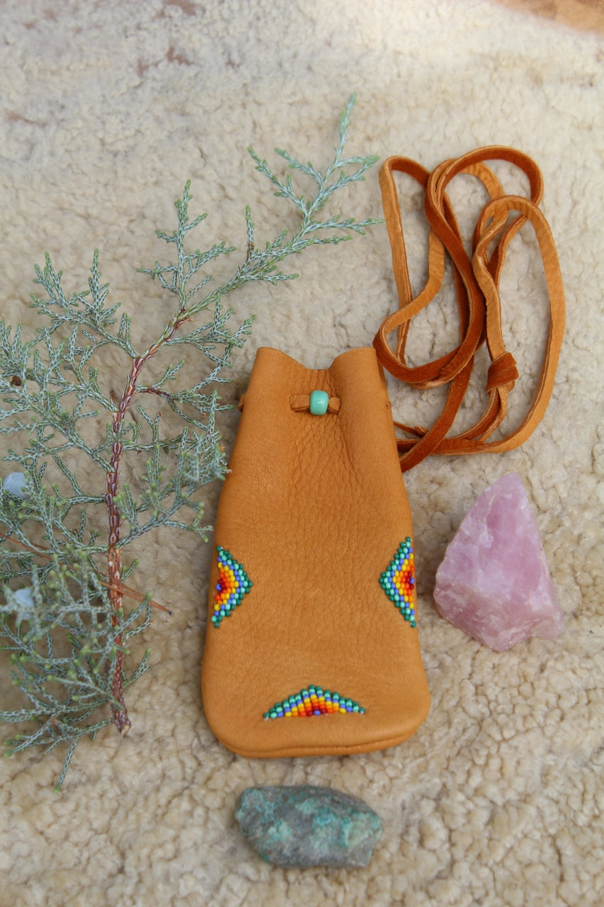 beaded leather pouch, crystal medicine bag